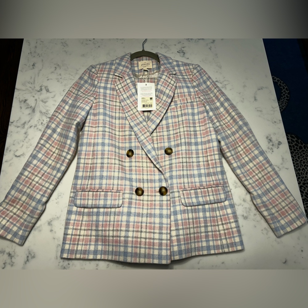 Sézane Christie and Loulou SET Double-Breasted Plaid Suit- Pink & Blue